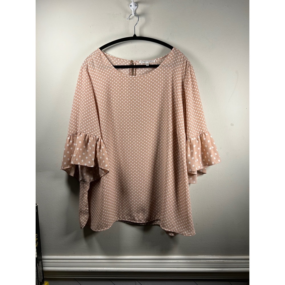 Violet + Claire Blouse Womens 2X Pink Modern Polka Dot Ruffle Bell Sleeve Top